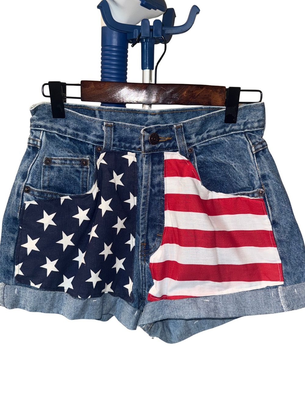 Jordache 90s Americana Flag Patchwork Women's High Waist Denim Cuffed Shorts